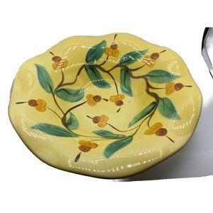 Gail Pittman Retired Siena Acorn & Leaves Ruffled Edge Yellow Bowl 10.5” Signed